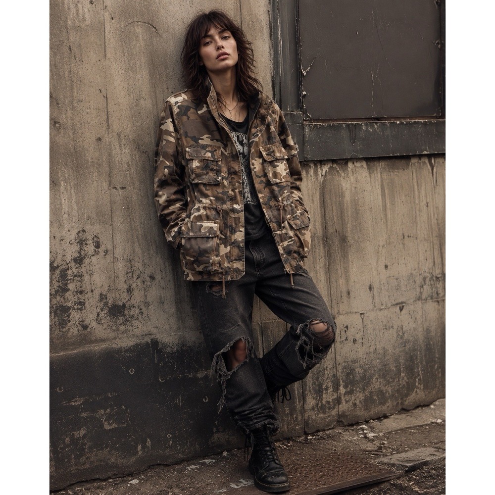 Endless Love Cotton Camo Military Utility Cargo Jacket Size L Grunge Streetwear